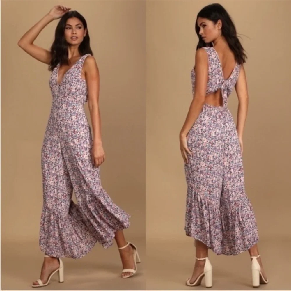 Lulu’s Make it Beautiful Cream Floral Print Ruffled Open Tie-Back Jumpsuit